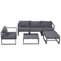 Outsunny 6 PCs Outdoor Indoor Sectional Sofa Set Thick Padded Cushions Aluminium Frame 5 Seaters 1 Coffee Table Footrest Grey(m-8)