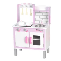 HOMCOM Cocinita de Juguete de Madera para Niños +3 Años 55x30x80 cm con Función de Sonido Armario Ganchos 5 Accesorios Incluidos Cocina Infantil Educativo Rosa(m-1)