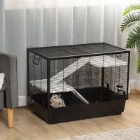 PawHut Jaula Pequeña para Roedores 80x48x58 cm Jaula para Hámster con 2 Puertas 2 Rampas 2 Plataformas Comedero y 2 Asas Portátil para Cobayas Ratoncillos Negro(m-2)