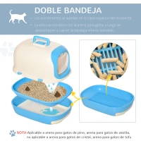 PawHut Arenero para Gatos Caja de Arena con Asa de Transporte Doble Fondo Bandeja Extraíble Pala y Filtro de Carbón Activo 63x43x43 cm Beige y Azul(m-5)