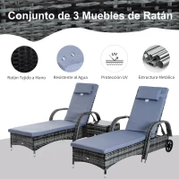 Outsunny Conjunto de 2 Tumbonas con Cojín y Respaldo Ajustable 5 Posiciones y 1 Mesita de Ratán Sintético Color Gris(m-4)