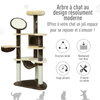 PawHut Arbre à chats centre d'activités griffoirs grattoir sisal niche hamac plateformes boule suspendue revêtement peluche courte 65L x 50l x 153H cm beige café(m-5)