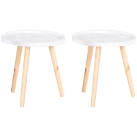 HOMCOM Coffee Table, Carved Floral Round Table with Tray-style Top and Wood Legs, Modern Side Table for Living Room, Set of 2, White(m-11)