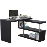 HOMCOM L Shaped Desk with 360° Rotating Storage Shelves, Corner Computer Desk, Space Saving Study Table for Home Office, Black(m-1)