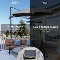 Outsunny Parasol déporté carré parasol LED inclinable pivotant 360° manivelle piètement acier dim. 3L x 3l x 2,66H m gris(m-4)