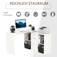 HOMCOM Eckschreibtisch Esstisch Computertisch Bürotisch Winkelschreibtisch Regal L-Form 120 x 115 x 76 cm, I-Form 191 x 50 x 76 cm, Weiß, MDF+Metall(m-5)