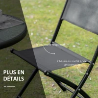 Outsunny Ensemble bistro de jardin 3 pièces 2 chaises pliables + table basse ronde verre trempé métal époxy toile en maille haute densité(m-6)