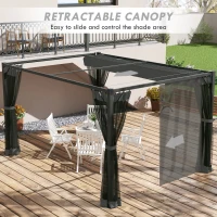 Outsunny Pergola da Giardino con Tetto Retrattile e Tende, in Alluminio e Poliestere, 397x297x225 cm, Grigio Scuro(m-4)