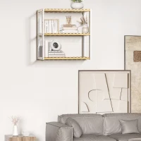 HOMCOM Estantería de Pared de Bambú con 3 Estantes Flotantes para Salón Dormitorio Cocina 60x15x54 cm Natural y Blanco(m-7)