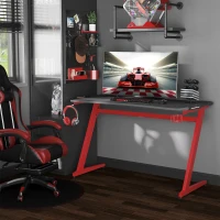 HOMCOM 142 x 66 cm Gaming Desk, Carbon Fibre Covered Computer Desk, Gamer Workstation with Headphone Hook, Cup Holder and Gamepad Storage Rack, Black and Red(m-10)