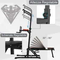 HOMCOM Power Tower Pieghevole, Stazione Fitness Multifunzione Regolabile in 7 Posizioni con Sbarra Trazioni, Dip Station, Pull UP Station e Panca Piana in Acciaio, per Home Gym Casa, Portata 150kg(m-6)