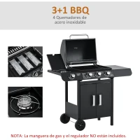 Outsunny Barbacoa de Gas BBQ con 3+1 Quemadores 11,6 KW 2 Mesas Laterales Armario de 2 Puertas Termómetro y 2 Ruedas Acero Inoxidable 110x50x100 cm Negro(m-4)