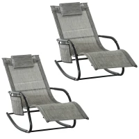 Outsunny 2PCs Outdoor Garden Rocking Chair, Patio Sun Lounger Rocker Chair with Breathable Mesh Fabric, Removable Headrest Pillow, Armrest, Side Storage Bag, Dark Grey(m-1)