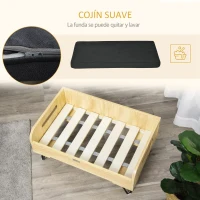 PawHut Cama de Madera para Perros Gatos Cama Cesta para Mascotas Pequeñas con Cojín Acolchado Asas y Patas de Acero 70x45x32 cm Roble y Negro(m-8)