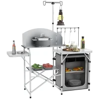 Outsunny Campingküche, faltbar, 3 Arbeitsplatten, Windschutz, Stoffschrank, 144x48x119cm, Silber(m-10)