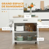 HOMCOM Dessert îlot de cuisine multi-rangements 1 tiroirs 1 placard 2 portes avec étagère réglable porte-torchons et porte-épices - bois blanc(m-4)