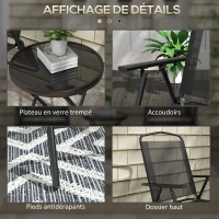 Outsunny Ensemble bistro de jardin 3 pièces 2 chaises + table basse ronde verre trempé pliable métal époxy toile en maille(m-7)