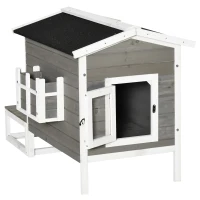 PawHut Katzenhaus aus Holz Winterfest wasserdicht Katzenhütte mit Asphaltdach  Terrasse Katzenhöhle Katzenkiste Outdoor Schutzhütte für Draußen Garten Balkon 115 x 66,5 x 74,7 cm Grau+Weiß(m-10)