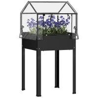 Outsunny Verhoogde Tuinbak met Kasdak, Verhoogde Plantenbox met Afvoergaten, 60 x 60 x 120 cm, Zwart(m-10)