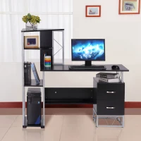 HOMCOM Bureau informatique design industriel 133L x 155l x 123H cm multi-rangements bibliothèque 3 étagères + 2 tiroirs MDF métal MDF noir(m-2)