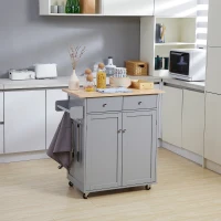 HOMCOM Rolling Kitchen Island on Wheels, Utility Serving Cart with Rubber Wood Top, Towel Rack, Hooks and Storage Drawers, Grey(m-2)