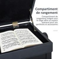 HOMCOM Banc de piano, banc de clavier réglable en hauteur en bois massif, tabouret piano avec compartiment caché, siège rembourré polyuréthane à 10 boutons, stable et antidérapant, charge 200kg, noir(m-5)
