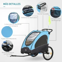 HOMCOM Remolque Infantil 3 en 1 para Bicicleta Carrito para Correr de 2 Plazas para Niños de +6 Meses Plegable Ruedas Giratorias y Manillar Ajustable 150x85x107 cm Azul(m-5)
