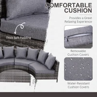 Outsunny 5 Pieces Rattan Garden Furniture Set, 4 Seater Half-Round Garden Sofa Set with Thickened Cushions, Wicker Conservatory Furniture with 4 Chairs, Rattan Coffee Table and Pillows, Grey(m-5)