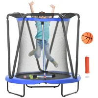 ZONEKIZ Cama Elástica Infantil Ø140 cm con Red de Seguridad Canasta de Baloncesto y 20 Bolas de Plástico Azul(m-1)