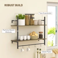 HOMCOM Wall Mounted Floating Shelves with 4 Hooks, Rustic Wall Shelf Unit for Living Room, Entryway, Grey(m-5)