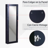 HOMCOM Espejo Joyero Colgante de Pared Armario de Joyería Organizador de Joyas con Ganchos y Ranuras para Collares para Dormitorio Salón 37x9,5x112 cm Negro(m-5)