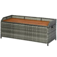 Outsunny Patio Wicker Storage Bench Box, Outdoor Garden PE Rattan Pool Storage Deck Bin Box w/ Natural Wood Top, Lid, Ideal for Storing Tools, Accessories and Toys, Mixed Grey(m-11)