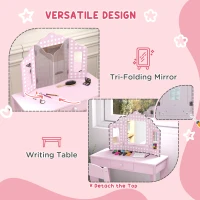 AIYAPLAY Kids Dressing Table Sets with Stool and Tri-Fold Mirror, Drawer for Playroom, Bedroom - Pink(m-5)
