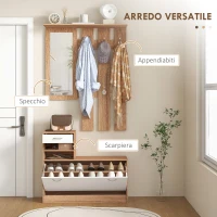 HOMCOM Mobile Appendiabiti 3 in 1 con Scarpiera e Specchio, Ganci e Cassetti, in Legno, 90x24x177 cm, Bianco e Noce(m-4)