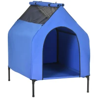 PawHut Caseta para Perros Grandes 130x85x121 cm Cama Elevada para Mascotas con Cubierta Desmontable y Ventanas de Malla Azul(m-1)
