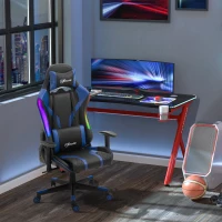 Vinsetto Bürostuhl LED Gaming Stuhl mit Armlehne, hoher Rückenlehne und Kissen ergonomischer Drehstuhl mit Liegefunktion Handlauf anhebbar Kunstleder Nylon Schwarz+Blau 70 x 57,5 x 126-136 cm(m-2)