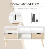 HOMCOM Mueble de TV para Televisiones 50”Mesa para TV de Salón Comedor Moderna con 2 Cajones y 4 Compartimentos Patas de Madera Antivuelco 117x39x57 cm Blanco y Madera Natural(m-6)