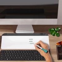 HOMCOM Support tablette organisateur de bureau 2 en 1 - panneau en verre rabattable - 4 compartiments de rangement + porte marqueur - noir blanc(m-2)