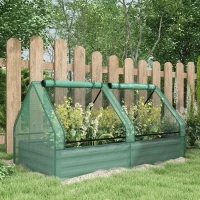 Outsunny Metal Planter Box with Cover, Raised Garden Bed with Greenhouse, for Herbs and Vegetables, Green and Dark Grey(m-2)