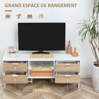 HOMCOM Table Basse + Meuble TV Design Contemporain Multi-rangement piètement métal Aspect Bois de chêne sculpté à Chevrons Blanc(m-5)