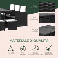 Outsunny Set 11 PZ Mobili da Giardino in Rattan da Esterno con Tavolo in Vetro Temperato e Cuscini, Set da Pranzo, Nero(m-7)
