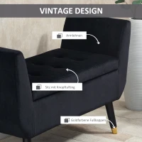 HOMCOM Sitzbank mit Stauraum Armlehnen Polsterbank mit Samtoptik, Sitztruhe mit Holzbeine, Truhenbank für Wohnzimmer Schlafzimmer Flur 107 x 42 x 65 cm, Schwarz(m-6)