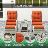 Outsunny 5 Pieces Rattan Bistro Set with Adjustable Back, Reclining Wicker Balcony Furniture with Cushions, Glass Top Coffee Table and Footstools, Outdoor Table and Chairs, Orange(m-7)