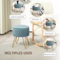 HOMCOM Puff Almacenaje Tapizado en Terciopelo Banco de Almacenaje con Patas de Acero Ø40x48 cm Azul Claro(m-5)