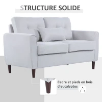 HOMCOM Canapé 2 Places Grand Confort dim. 140L x 78l x 83H cm Coussin déco. Inclus Pieds Bois Massif Eucalyptus Tissu Lin Gris Clair(m-4)