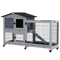 PawHut Portable Rabbit Cage, Rabbit Hutch with Run, Wheels, Three Slide-Out Trays, Ramp, Openable Top for Outdoor Indoor - Grey(m-1)