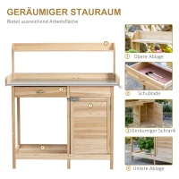Outsunny Pflanztisch mit verzinkter Arbeitsplatte Gärtnertisch mit Schublade Schrank Garten Arbeitstisch Massivholz Natur 112 x 48 x 125 cm(m-5)