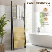 HOMCOM Portasciugamani Pieghevole con 3 Barre e 3 Ripiani, in Bambù e Acciaio, 53x31x153 cm, Nero e color Legno(m-5)