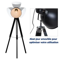 HOMCOM Lampadaire trépied style industriel hauteur réglable abat-jour ajustable E27 40W max. 65 x 65 x 108-152 cm bois métal noir et blanc(m-4)