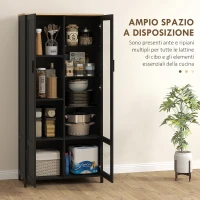 HOMCOM Mobile Dispensa Cucina in Legno a 9 Ripiani Regolabili con Ante in Vetro, 76x36x160 cm, Nero e color Legno(m-4)